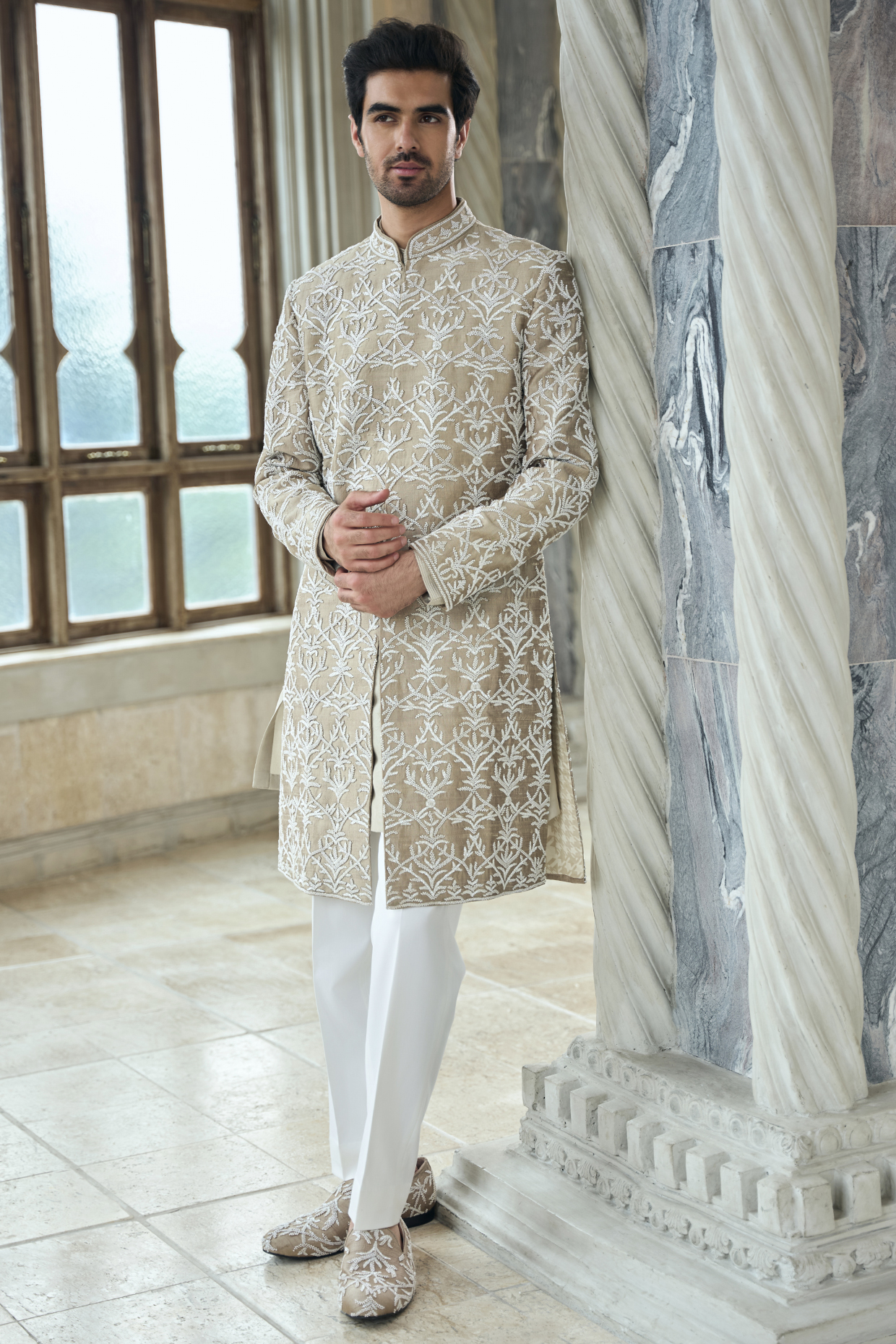 Coffee-Colored Raw Silk Pearl Embroidered Sherwani Set by Seema Gujral Men