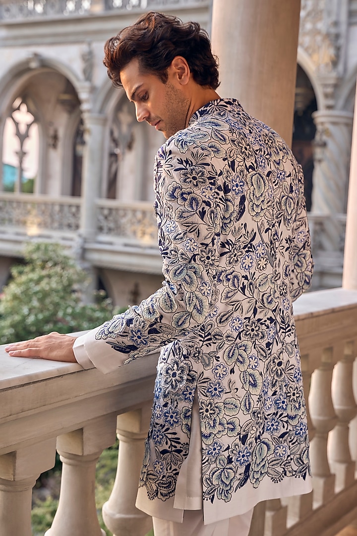 Indigo & Ivory Silk Cutwork Embroidered Groom Sherwani Set by Seema Gujral Men at Pernia's Pop Up Shop