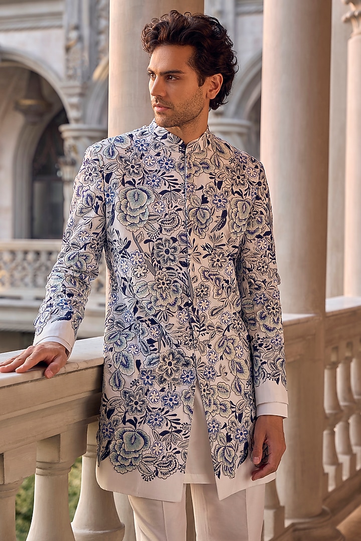 Indigo & Ivory Silk Cutwork Embroidered Groom Sherwani Set by Seema Gujral Men at Pernia's Pop Up Shop