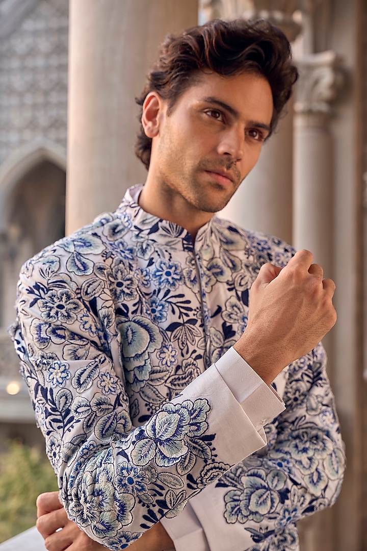 Indigo & Ivory Silk Cutwork Embroidered Groom Sherwani Set by Seema Gujral Men at Pernia's Pop Up Shop