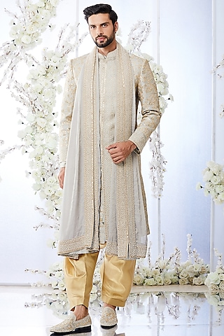 Two-Tone Grey Raw Silk Embroidered Sherwani Set by Seema Gujral Men
