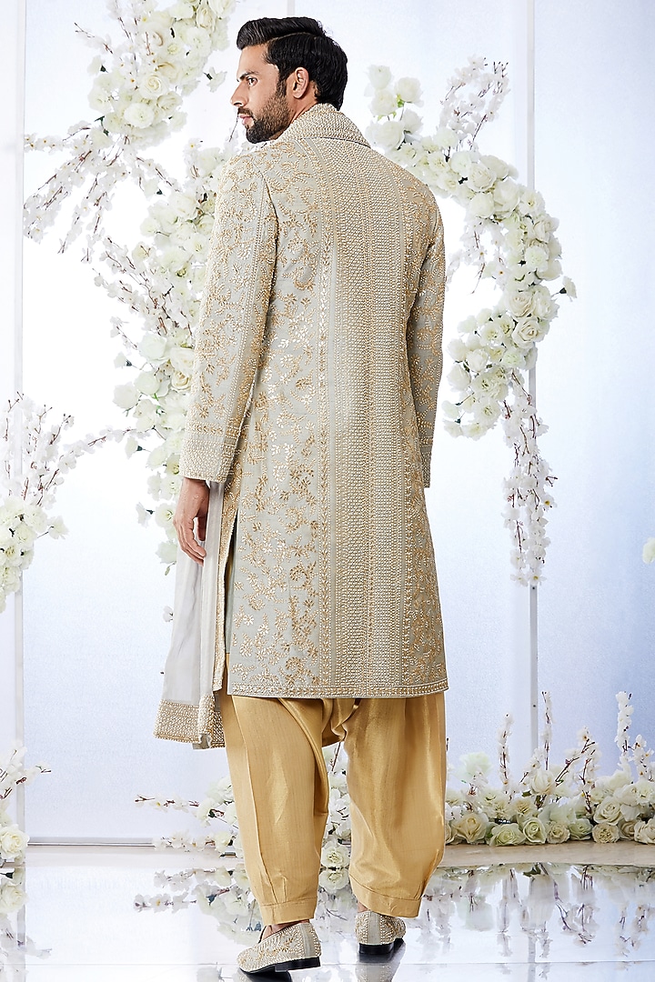 Two-Tone Grey Raw Silk Embroidered Groom Sherwani Set by Seema Gujral Men at Pernia's Pop Up Shop