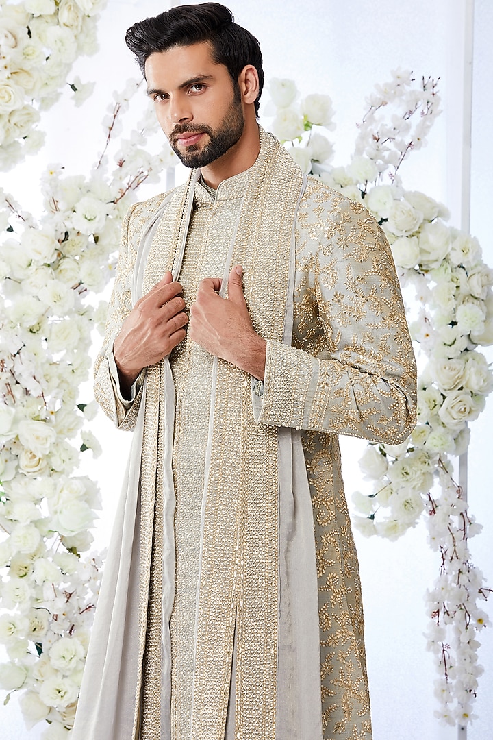 Two-Tone Grey Raw Silk Embroidered Groom Sherwani Set by Seema Gujral Men at Pernia's Pop Up Shop