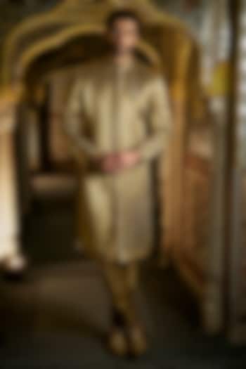 Military Green Raw Silk Thread Embroidered Sherwani Set by Seema Gujral Men