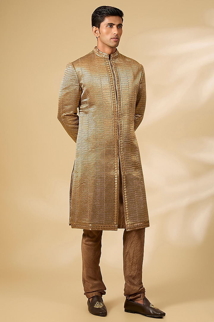 Military Green Raw Silk Thread Embroidered Groom Sherwani Set by Seema Gujral Men at Pernia's Pop Up Shop