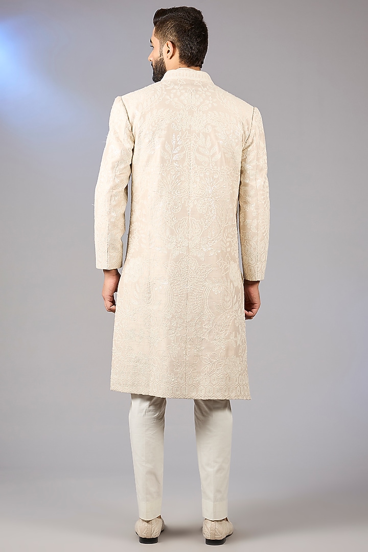 Ivory Raw Silk Sequins Embroidered Groom Sherwani Set by Seema Gujral Men at Pernia's Pop Up Shop