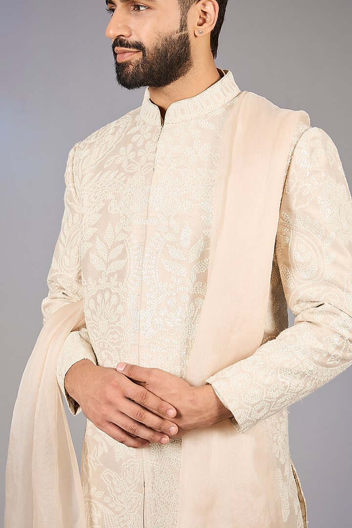 Ivory Raw Silk Sequins Embroidered Groom Sherwani Set by Seema Gujral Men at Pernia's Pop Up Shop