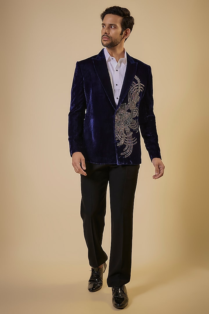 Navy Velvet Gunmetal Embroidered Tuxedo Set by Seema Gujral Men