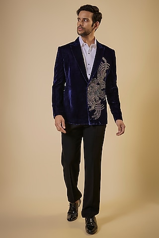 Navy Velvet Gunmetal Embroidered Tuxedo Set by Seema Gujral Men