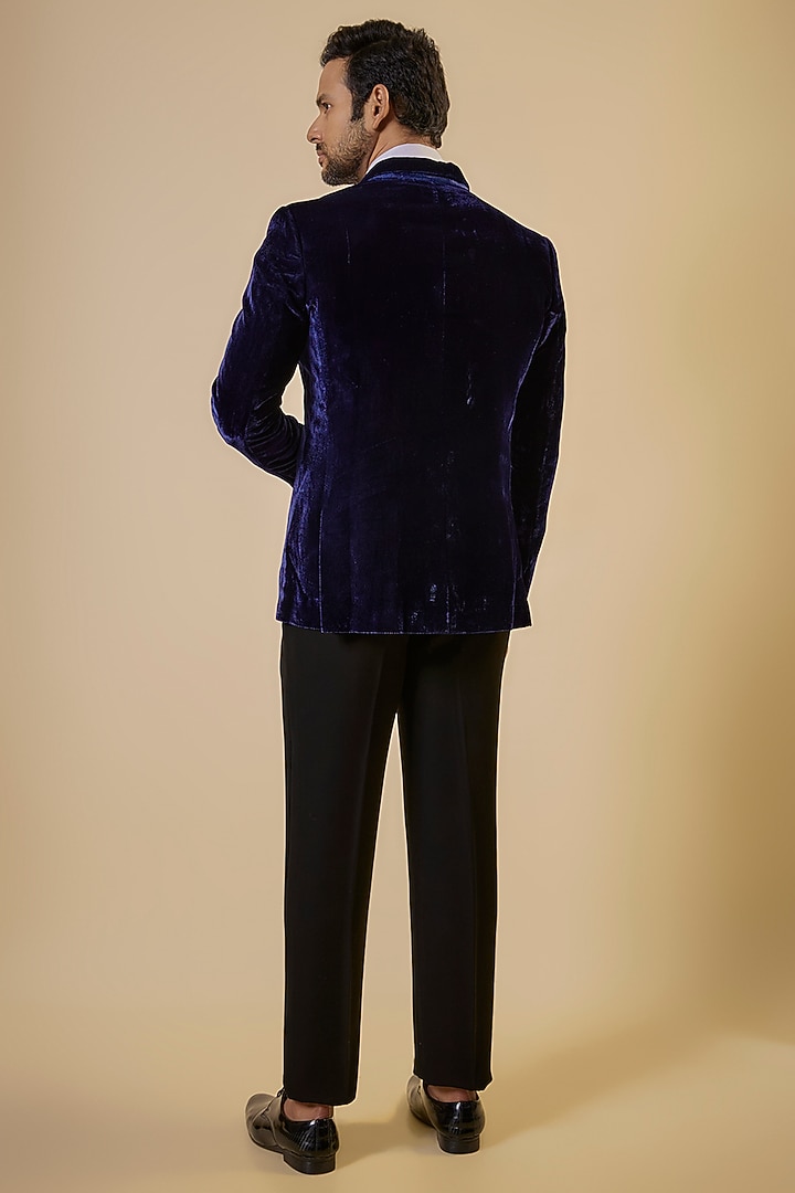 Navy Velvet Gunmetal Embroidered Tuxedo Set by Seema Gujral Men at Pernia's Pop Up Shop