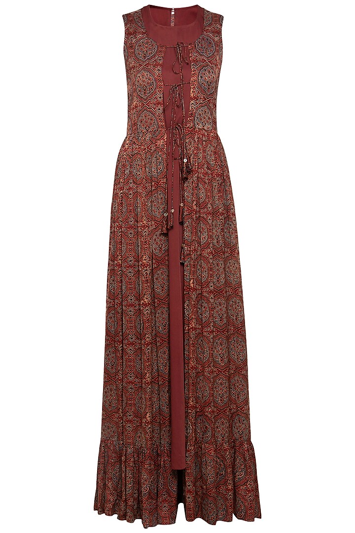 Maroon embroidered printed gown by SEJAL JAIN