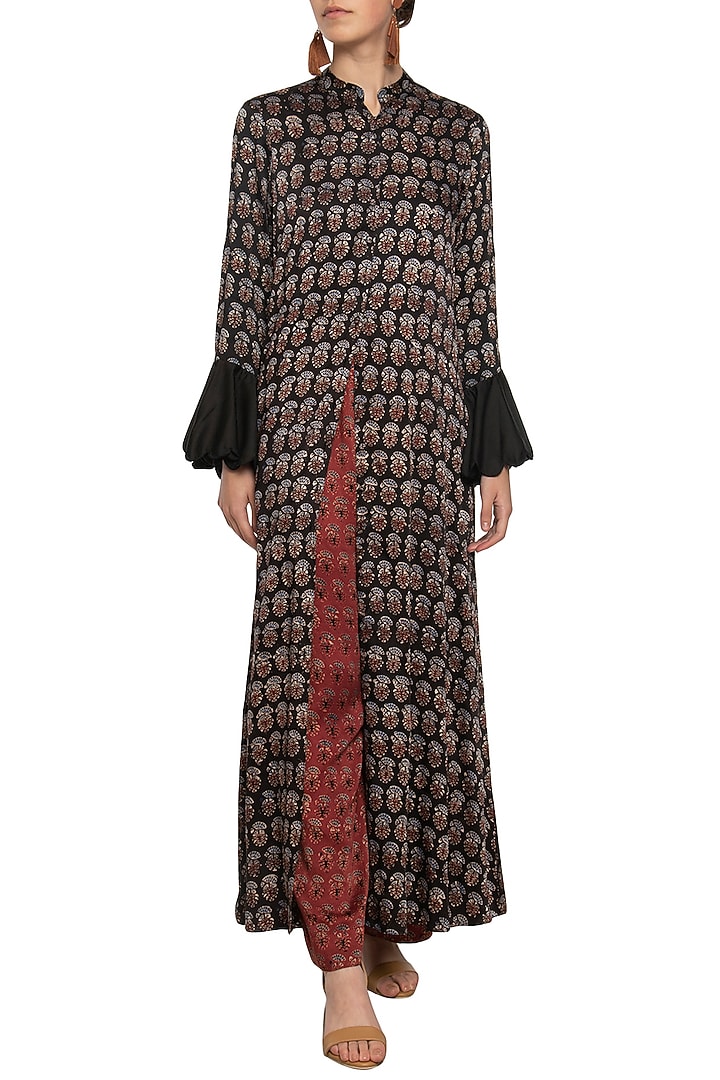 Black and maroon embroidered cape with top and pants by SEJAL JAIN at Pernia's Pop Up Shop
