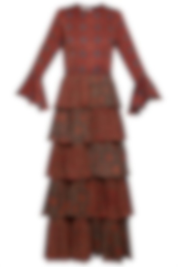 Maroon embroidered printed ruffles gown by SEJAL JAIN