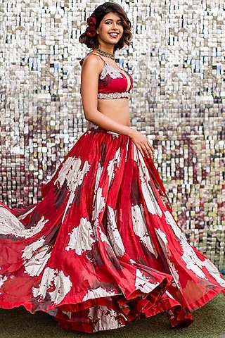 Dark Red Printed & Embroidered Lehenga Set by Bhumika Sharma