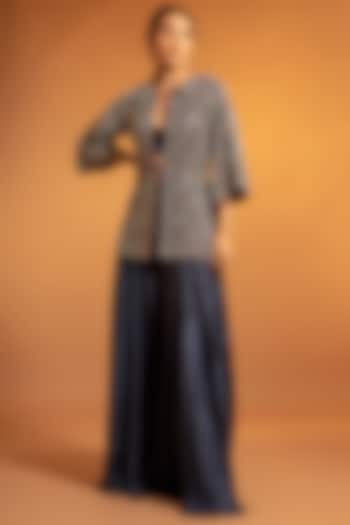 Cobalt Blue Embroidered & Printed Peplum Jacket Set by SEJAL KAMDAR at Pernia's Pop Up Shop