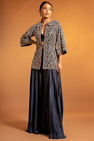 Cobalt Blue Embroidered & Printed Peplum Jacket Set by SEJAL KAMDAR
