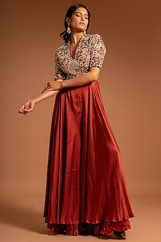 Scarlet Red Printed & Embroidered Flared Jumpsuit by SEJAL KAMDAR