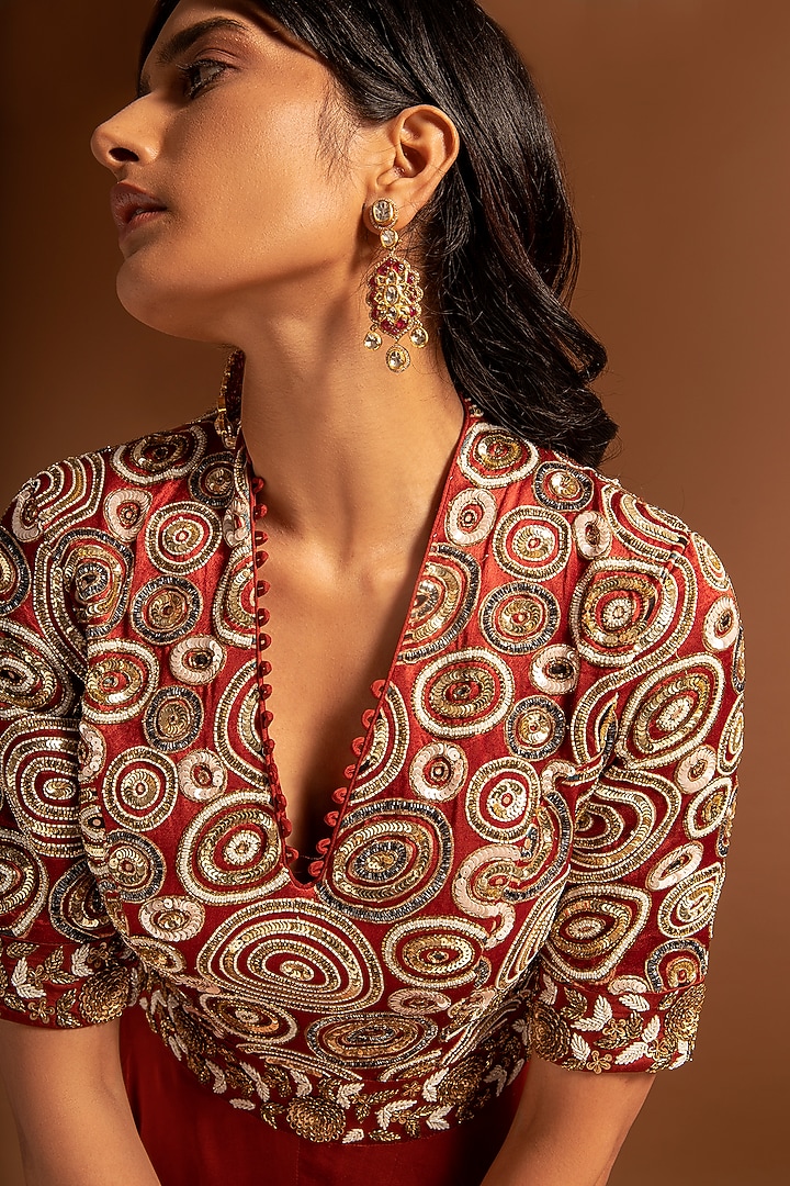 Scarlet Red Printed & Embroidered Flared Jumpsuit by SEJAL KAMDAR at Pernia's Pop Up Shop
