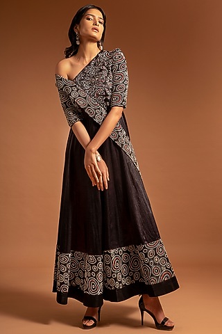 Cobalt Blue Embroidered & Printed Anarkali by SEJAL KAMDAR