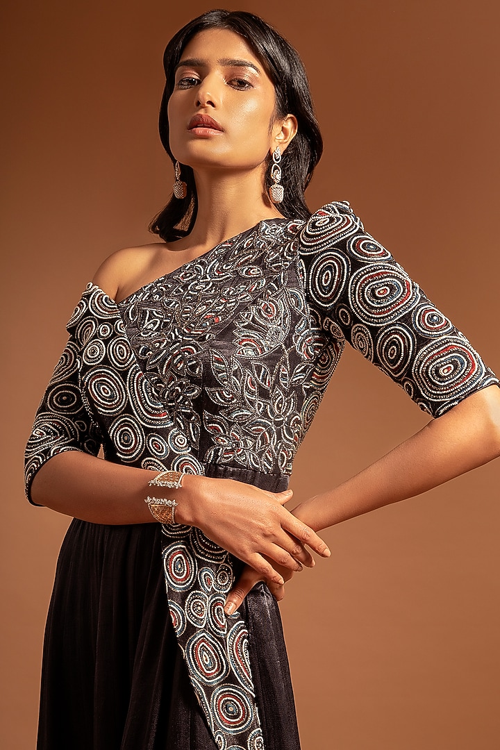 Cobalt Blue Embroidered & Printed Wedding Anarkali by SEJAL KAMDAR at Pernia's Pop Up Shop