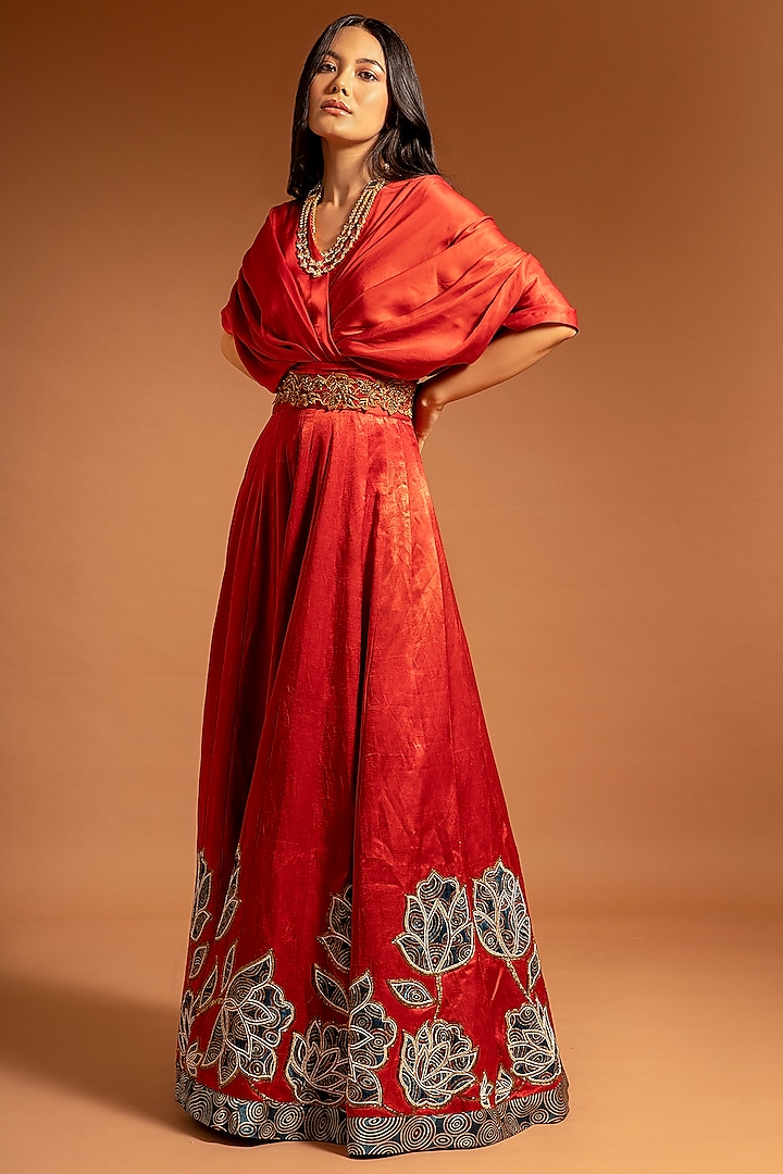 Scarlet Red Embroidered Draped Gown by SEJAL KAMDAR
