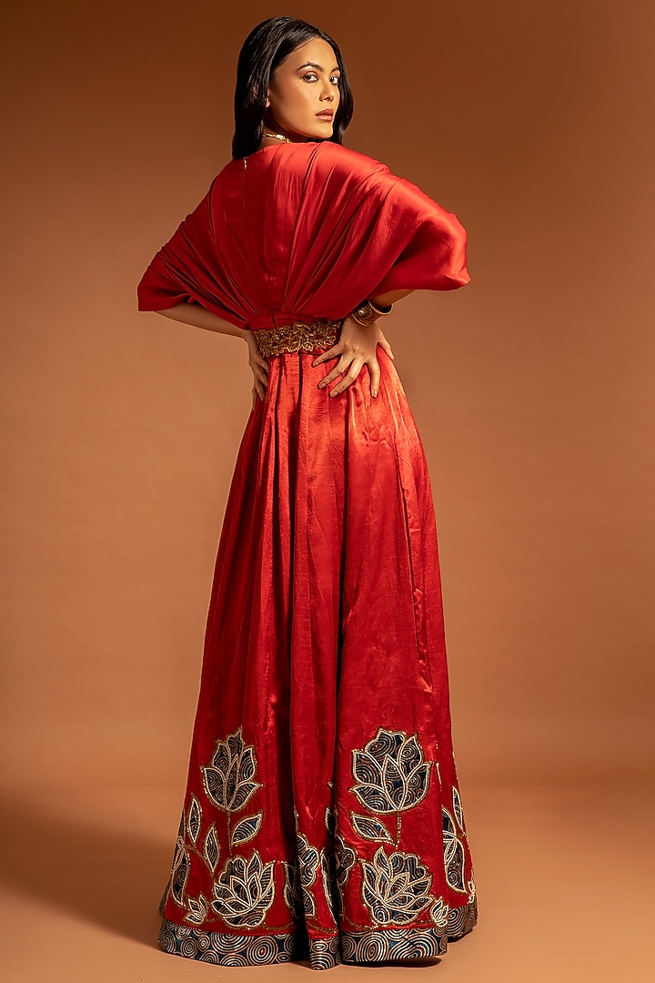 Scarlet Red Embroidered Draped Engagement Gown by SEJAL KAMDAR at Pernia's Pop Up Shop
