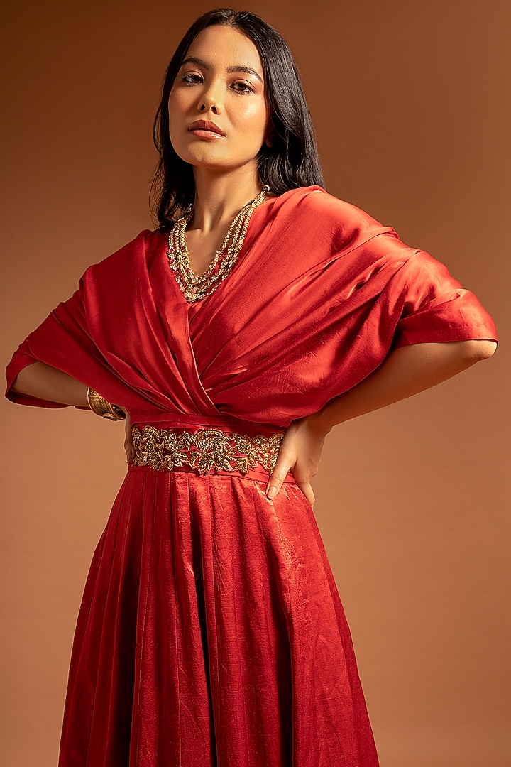 Scarlet Red Embroidered Draped Engagement Gown by SEJAL KAMDAR at Pernia's Pop Up Shop