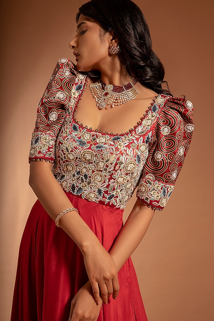 Cherry Red Embroidered & Printed Umbrella Engagement Gown by SEJAL KAMDAR at Pernia's Pop Up Shop