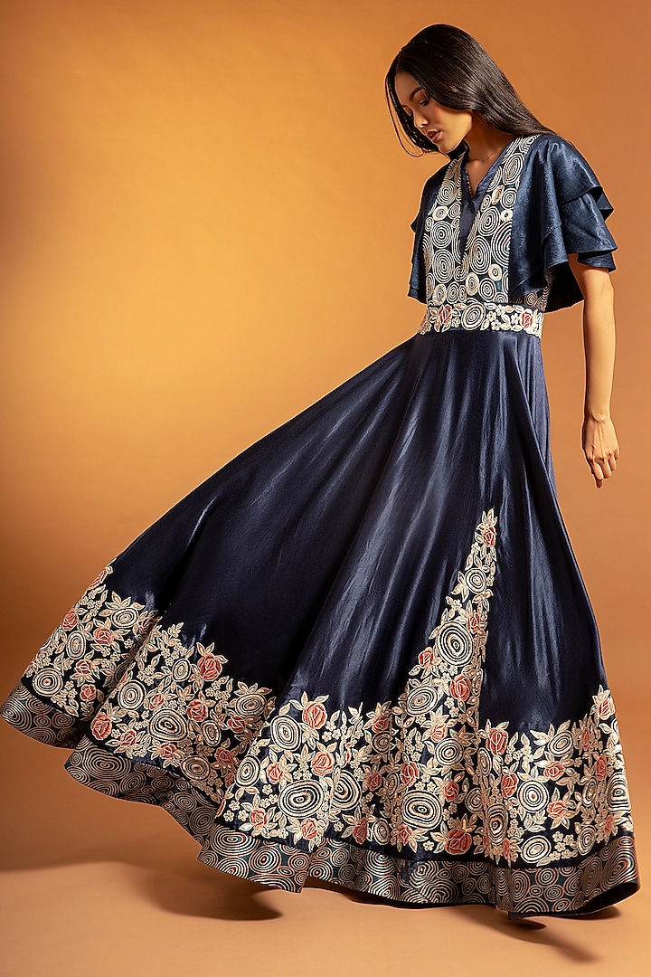 Cobalt Blue Embroidered & Printed Flared Gown by SEJAL KAMDAR