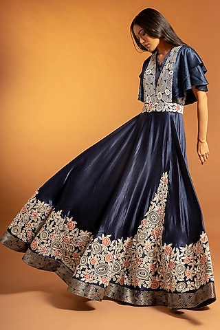 Cobalt Blue Embroidered & Printed Flared Gown by SEJAL KAMDAR