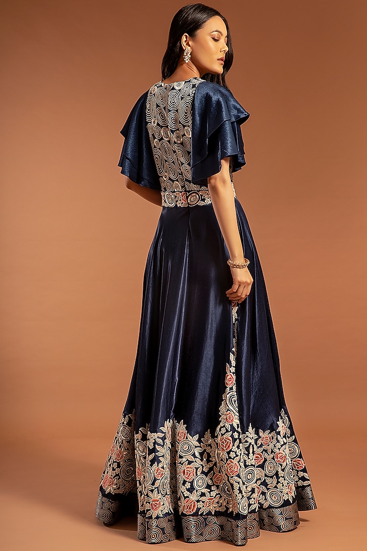 Cobalt Blue Embroidered & Printed Flared Wedding Gown by SEJAL KAMDAR at Pernia's Pop Up Shop