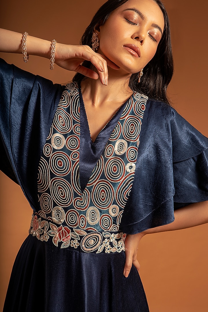 Cobalt Blue Embroidered & Printed Flared Wedding Gown by SEJAL KAMDAR at Pernia's Pop Up Shop