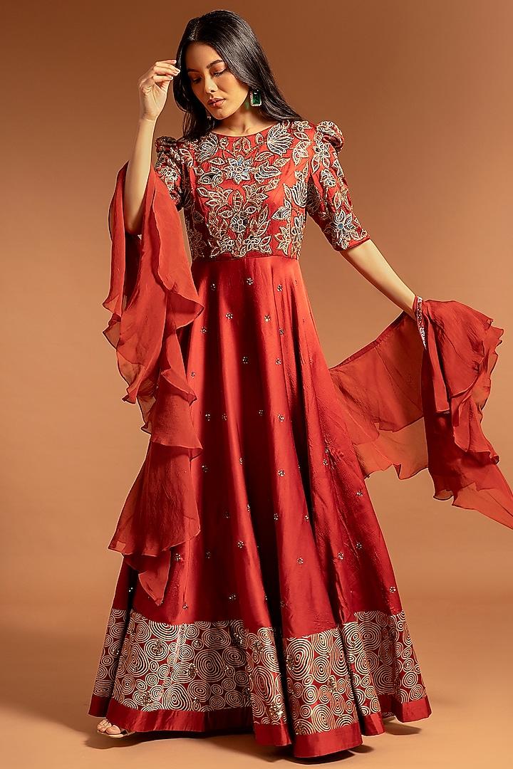 Scarlet Red Embroidered Gown by SEJAL KAMDAR