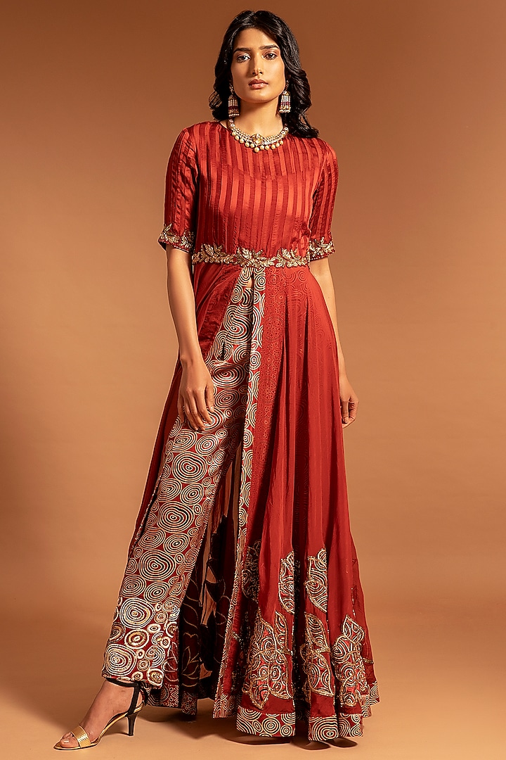 Scarlet Red Embroidered Slitted Gown by SEJAL KAMDAR