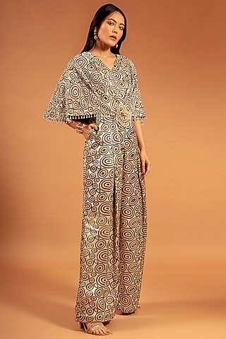 Gold Printed & Embroidered Jumpsuit by SEJAL KAMDAR