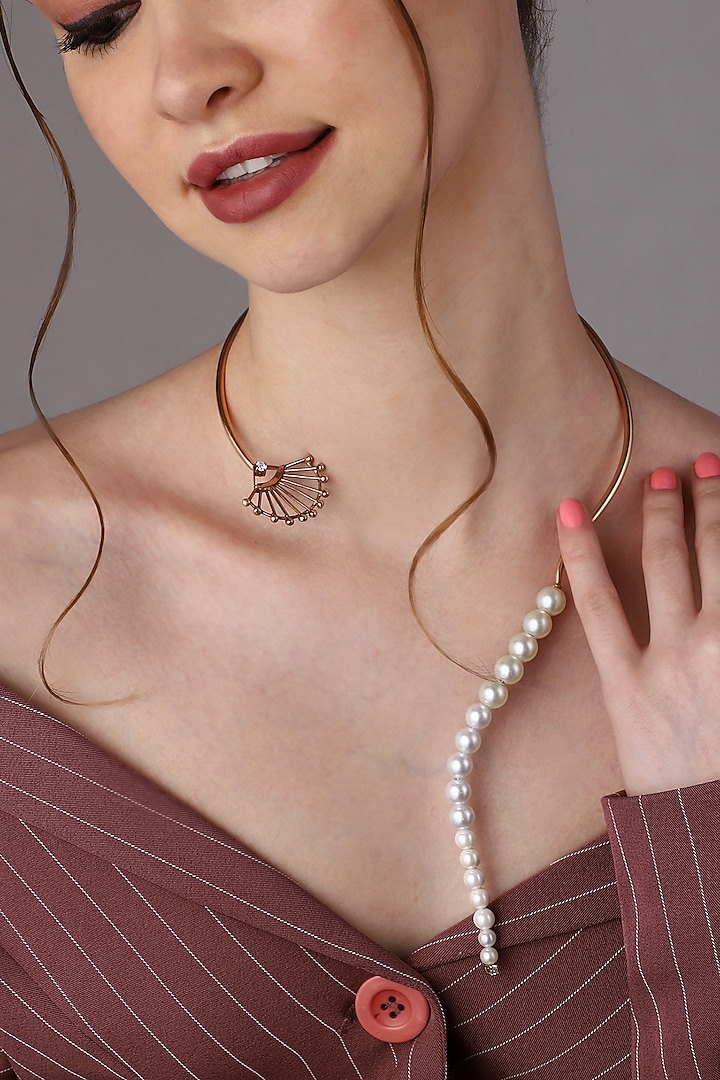 Rose Gold Finish Shell Pearl & Pink Zircon Necklace by Itrana By Sonal Gupta