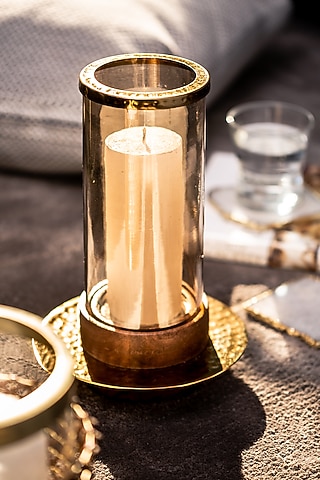 Beige Cyclindrical Glass Hurricane Holder by Serein Wellness