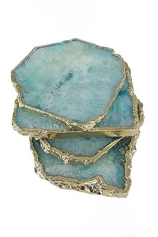 Aqua Agate Coaster Set With Gold Plated (Set of 4) by Serein Wellness