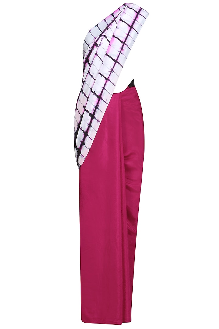 Fuchsia Pink, White and Black Pure Silk Clamp Dyed Saree by RESHA