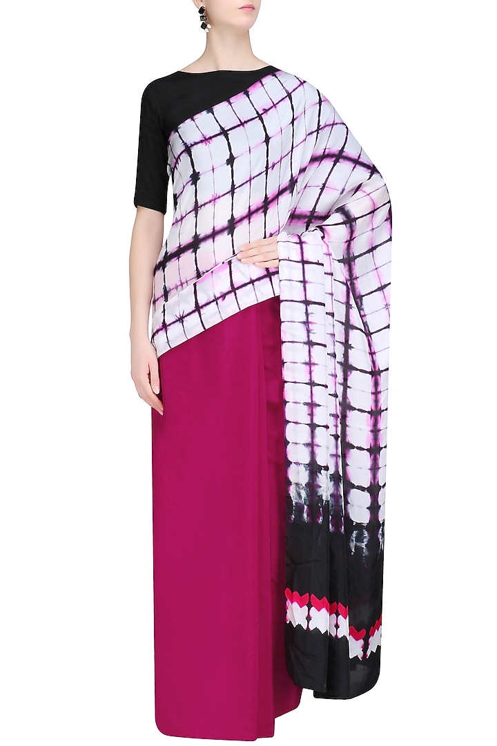 Fuchsia Pink, white and black pure silk Clamp dyed saree