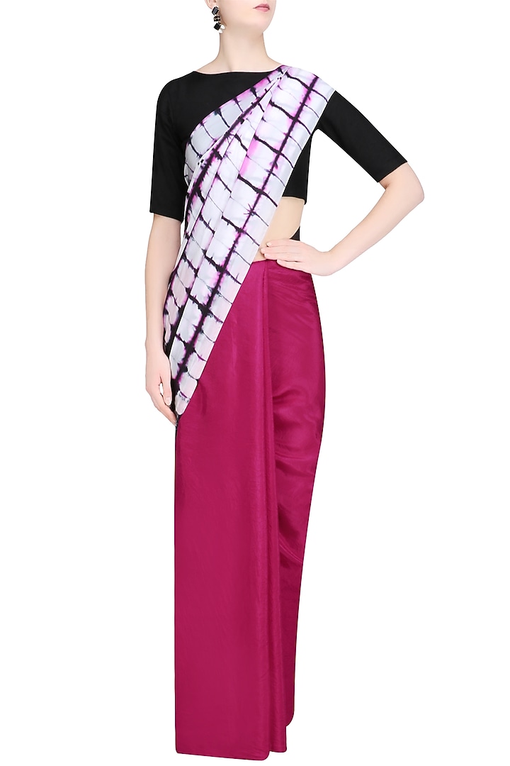 Fuchsia Pink, white and black pure silk Clamp dyed saree