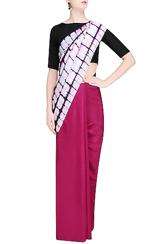 Fuchsia Pink, White and Black Pure Silk Clamp Dyed Saree by RESHA