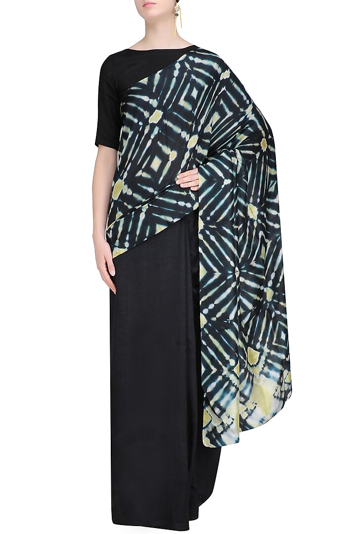 Black, white and khakhi Pure silk Clamp dyed saree