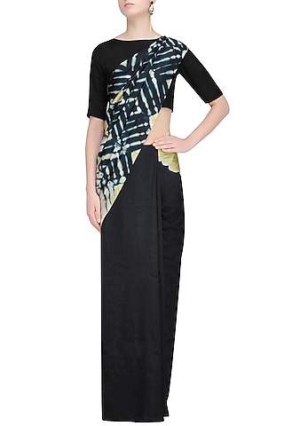 Black, White and Khakhi Pure Silk Clamp Dyed Saree by RESHA