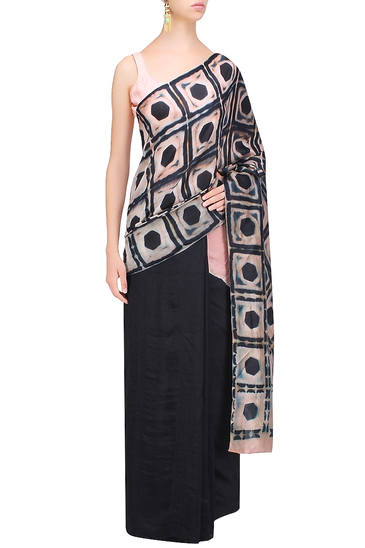 Black, white and peach Pure silk Clamp dyed saree