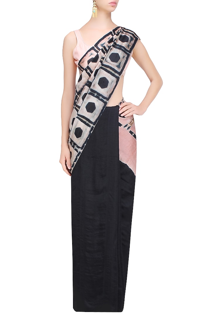 Black, white and peach Pure silk Clamp dyed saree