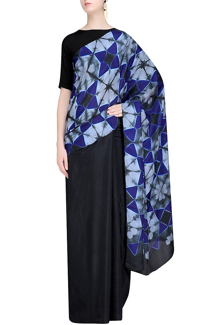 Navy and light blue Pure silk Clamp dyed saree