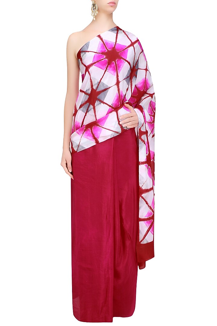Fuchsia pink, white and red and Pure silk Clamp dyed saree