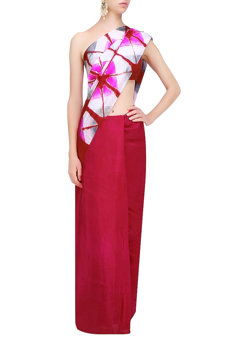 Fuchsia pink, white and red and Pure silk Clamp dyed saree