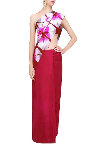 Fuchsia Pink, White and Red and Pure Silk Clamp Dyed Saree by RESHA